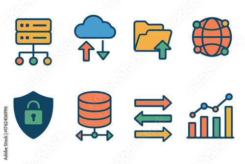Storage Networks flat icons: data server, cloud storage, file sync, global network, secure shield, database icon, data flow arrows, analytics chart.