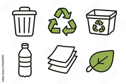 Recycling Systems set of icons in doodle hand-drawn vector style: trash bin, arrows loop, sorting box, plastic bottle, paper stack, green label.