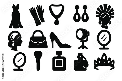 Couture Fashion silhouette set: silk gown, gloves, necklace, earrings, headpiece, handbag, heels, runway spotlight, mirror, makeup brush, perfume bottle, tiara.