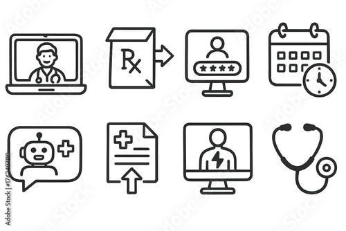 Telehealth Systems set of icons in doodle hand-drawn vector style: video doctor call, prescription delivery icon, patient portal login, appointment scheduler, medical chatbot,