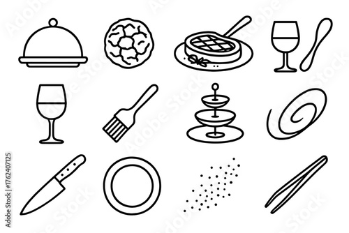 Gourmet Food Presentation outline icon set: cloche, truffle, steak plate, tasting spoon, glass of wine, garnish brush, dessert tower, artistic swirl, chef knife, gold rim plate,