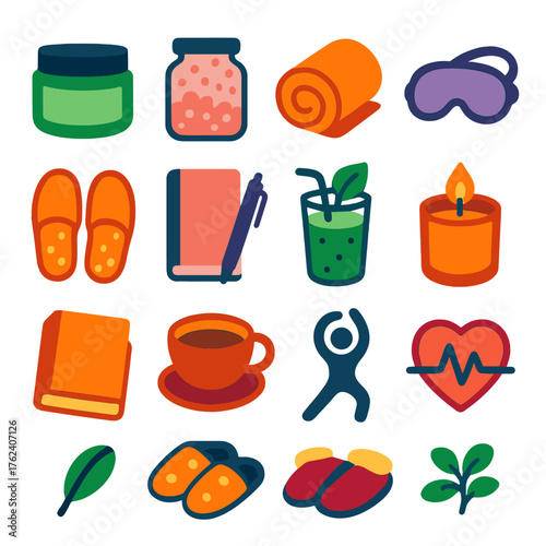 Daily Self-Care flat icons: skincare jar, bath salts, towel roll, sleep mask, cozy slippers, journal pen, green smoothie, scented candle, book, cup of tea, stretch icon, heart