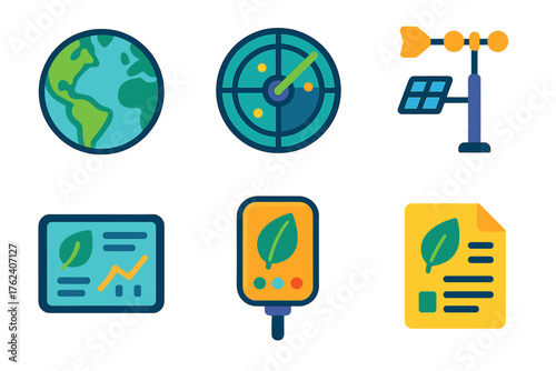 Environmental Monitoring flat icons: earth icon, radar screen, weather station, data dashboard, eco sensor, report file.