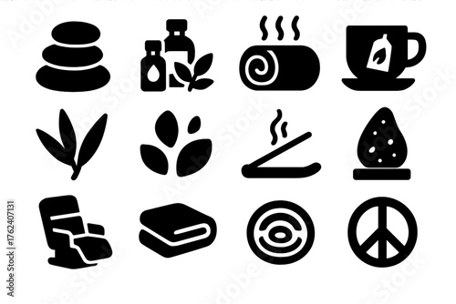 Relaxation Therapy silhouette set: massage stones, essential oils, hot towel, herbal tea, bamboo leaf, flower petals, incense stick, salt lamp, spa chair, soft towel, water ripple,