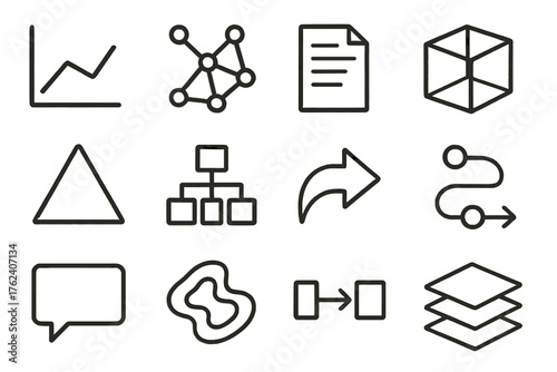 Framework Diagrams set of icons in doodle hand-drawn vector style: chart lines, node network, paper sheet, theoretical cube, triangle icon, hierarchy levels, link arrow, logic path