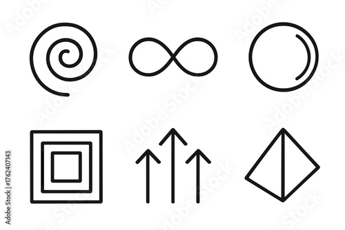 Abstract auto scaling outline icon set: spiral, infinity loop, gradient circle, concentric squares, arrows, prism.
