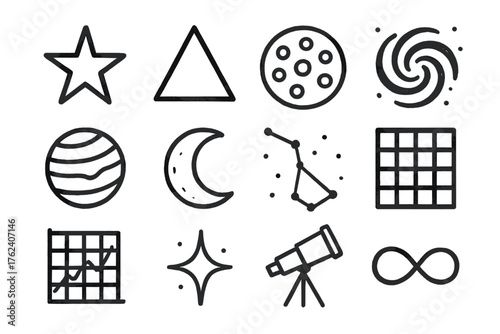 Cosmic Geometry set of icons in doodle hand-drawn vector style: star, triangle, circle pattern, spiral galaxy, planet, moon, constellation, grid, chart, sparkle, telescope,