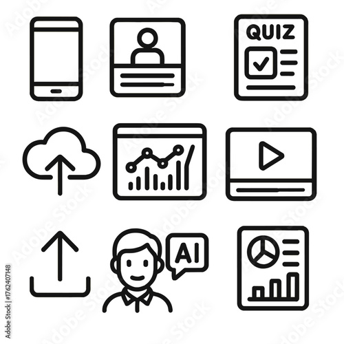 Digital Self-Paced Learning outline icon set: smartphone, tablet, course screen, progress bar, quiz icon, cloud sync, analytics dashboard, video lesson, bookmark, upload arrow, AI