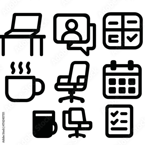Remote Work silhouette set: laptop desk, video call icon, chat bubble, task board, coffee mug, home office chair, calendar, checklist.