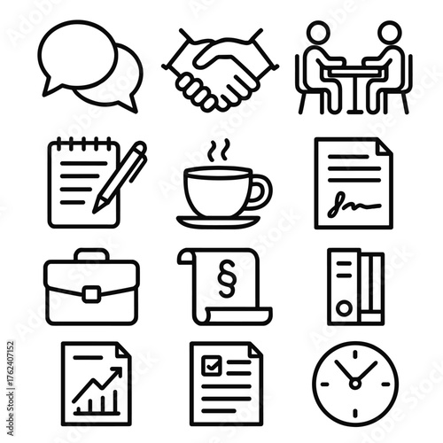 Negotiation Session outline icon set: two speech bubbles, handshake icon, desk, notepad, coffee cup, signature line, briefcase, law scroll, document binder, chart icon, agreement