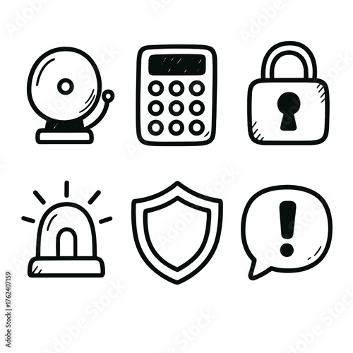 Alarm Systems set of icons in doodle hand-drawn vector style: siren bell, keypad, lock symbol, emergency light, shield icon, alert notification.