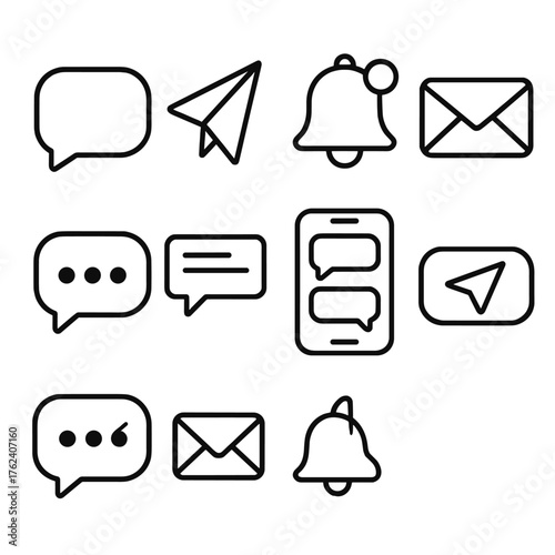 Digital Messaging outline icon set: chat bubble, paper plane, notification bell, envelope icon, typing dots, message thread, smartphone screen, send button.