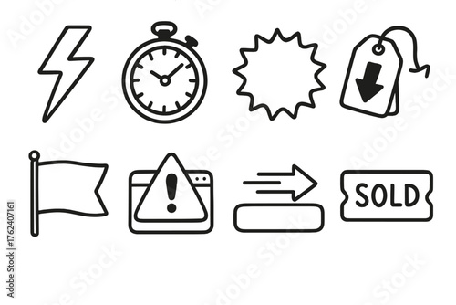 Flash Sales set of icons in doodle hand-drawn vector style: lightning bolt icon, countdown timer, limited stock badge, price drop tag, sale banner, urgent popup alert, fast