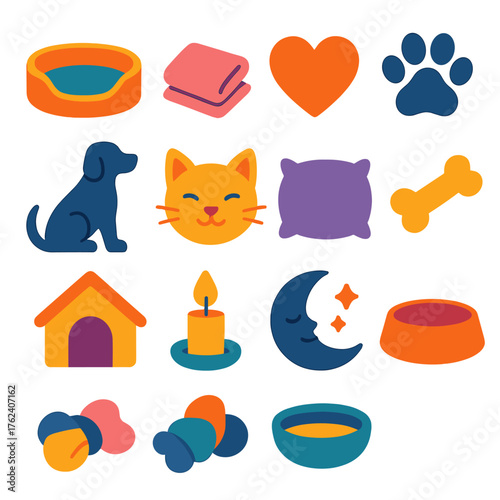 Relaxed Pets flat icons: pet bed, blanket, heart, paw icon, dog silhouette, cat face, soft pillow, chew toy, cozy house, candle, sleep moon, bowl.