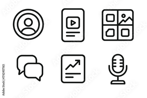 Social Media Channels outline icon set: story circle, video feed, image grid, group chat, trending post, live mic icon.