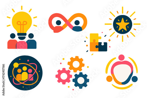 Creative teambuilding flat icons: lightbulb with group, infinity loop teamwork, glowing puzzle pieces, starburst circle, cosmic collaboration, fractal gears, radiant swirl,