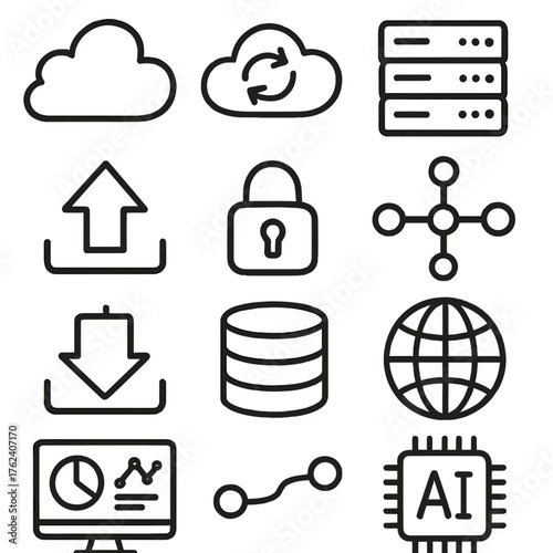 Hybrid Cloud set of icons in doodle hand-drawn vector style: cloud icon, data sync, server rack, network nodes, upload arrow, download arrow, secure lock, globe, dashboard screen,