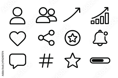 Follower Growth outline icon set: user icon, group avatar, upward arrow, graph chart, heart icon, share arrow, social badge, notification bell, comment bubble, hashtag, star icon,