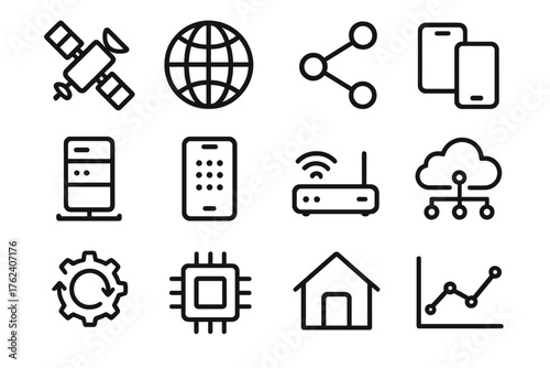 Digital Connectivity outline icon set: satellite icon, network globe, data nodes, device link, server tower, phone interface, router signal, cloud network, automation arrow, chip