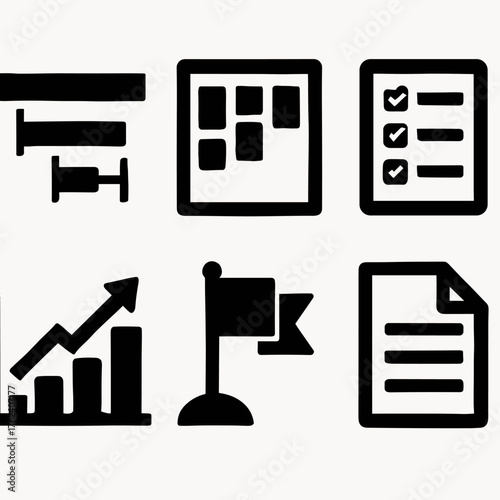 Project Planning silhouette set: timeline bar, Kanban board, checklist, progress chart, milestone flag, document icon.