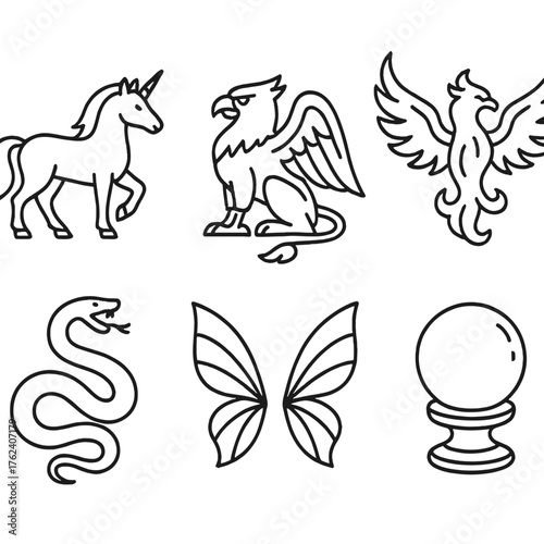 Mythical Creatures outline icon set: unicorn, griffin, phoenix, serpent, fairy wings, crystal orb.