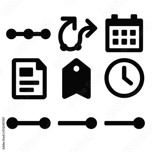 Chronological Flow silhouette set: timeline bar, milestone dots, arrow path, calendar icon, clock symbol, document sheet, event tag, progress line.