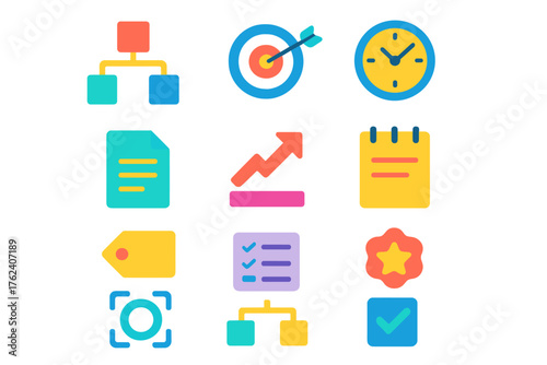 Priority Mapping flat icons: hierarchy chart, target icon, clock, document page, progress arrow, note pad, color tag, checklist, flowchart, focus circle, star badge, task marker.