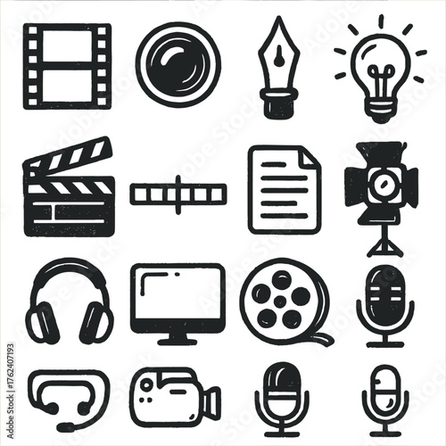 Creative Originals set of icons in doodle hand-drawn vector style: film strip, camera lens, pen icon, idea bulb, clapperboard, editing timeline, document script, spotlight, headset