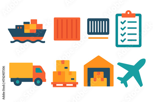 Shipping Manifest flat icons: cargo ship, container box, barcode, clipboard checklist, delivery truck, pallet, warehouse, airplane.