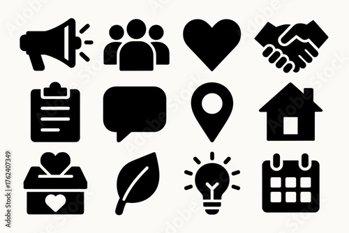 Community Outreach silhouette set: megaphone, group icon, heart, handshake, clipboard, speech bubble, location pin, house, donation box, leaf, light bulb, calendar.