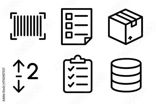 Inventory Management outline icon set: barcode icon, stock list, warehouse box, clipboard, quantity arrows, database icon.