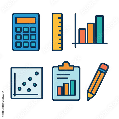 Statistical Tools flat icons: calculator, ruler, bar graph, scatter plot, clipboard, pencil.