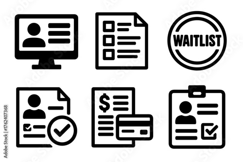 University Course Enrollment silhouette set: academic portal screen, course code list, semester schedule chart, waitlist badge, advisor approval icon, tuition payment form, ID