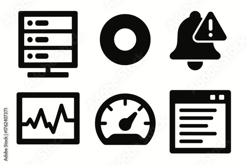 System Monitoring silhouette set: server icon, status indicator, alert bell, activity graph, performance meter, log window.