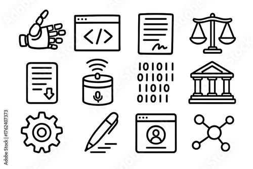 Automated Law Practice set of icons in doodle hand-drawn vector style: robot hand, code window, contract icon, scales, e-document, voice assistant, data stream, courthouse, gear