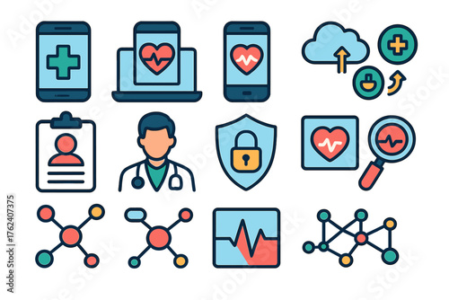 E-Health Platforms flat icons: smartphone, laptop, heart monitor, health app, cloud sync, medical cross, patient chart, doctor avatar, secure lock, diagnostic icon, data network,