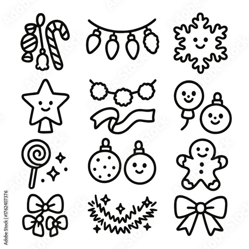 Whimsical Holiday Tree Accessories outline icon set: candy ornaments, rainbow lights, pompom garland, smiling snowflake, felt star topper, playful ribbon, cartoon ornaments,