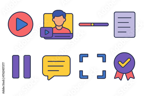 Video Lessons flat icons: play button icon, lecture thumbnail, progress timeline bar, transcript text box, pause control symbol, student comment bubble, full-screen mode icon,
