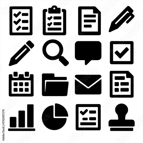 Questionnaire silhouette set: checklist, clipboard, document, pen, pencil, magnifying glass, speech bubble, checkbox, calendar, folder, envelope, survey sheet, bar chart, pie chart