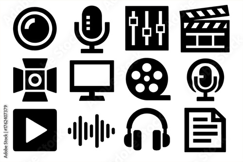 Creative Broadcasting silhouette set: camera lens, microphone, sound mixer, clapperboard, spotlight, video screen, film reel, podcast icon, play symbol, waveform, headset, document