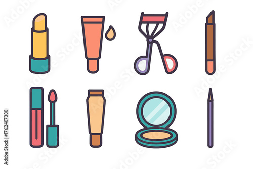 Eye & Lip Care flat icons: lip balm, eye cream, eyelash curler, eyebrow pencil, lip gloss, concealer tube, mirror compact, liner brush.