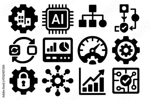 Professional AI Automation silhouette set: enterprise gear, precision chip, structured process map, data synchronization icon, workflow dashboard, efficiency meter, secure