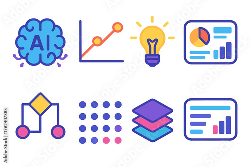 Visual Intelligence flat icons: AI brain, chart lines, insight light bulb, dashboard interface, algorithm symbol, pattern dots, data layers, summary screen.