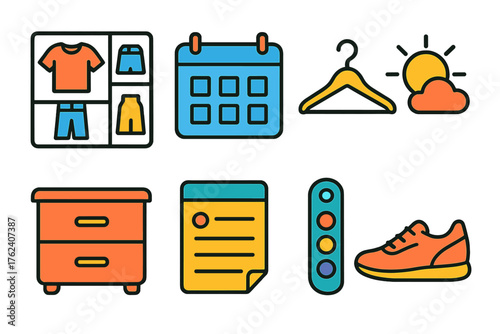 Fashion Scheduling flat icons: outfit grid, calendar icon, clothing hanger, weather symbol, closet drawer, note page, color palette, shoe icon.
