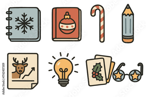 Festive Study Resources set of icons in doodle hand-drawn vector style: snowflake notebook, ornament textbook, candy cane bookmark, frosty pencil icon, reindeer study chart,