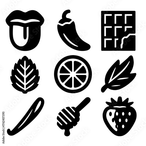Flavor basics silhouette set: tongue icon, chili pepper, lemon slice, chocolate bar, mint leaf, vanilla pod, honey dipper, strawberry.