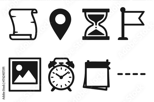 Historical Infographic silhouette set: scroll, map pin, hourglass, date banner, flag marker, photo frame, vintage clock, dotted line.