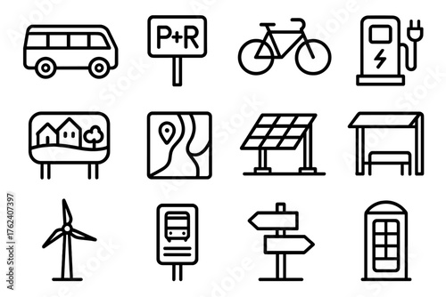 Rural Mobility Hub outline icon set: minibus, park-and-ride sign, bicycle, charging post, community sign, road map, solar canopy, shelter, wind turbine, bus timetable, walking