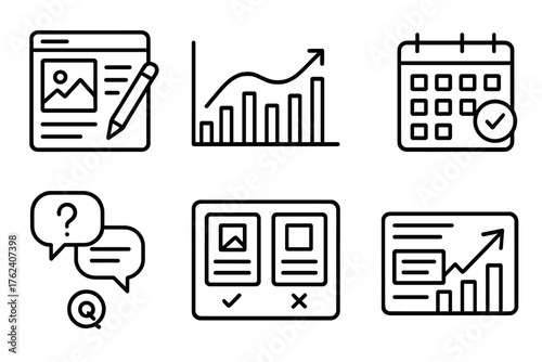Content E-Commerce SEO outline icon set: blog post optimization, keyword density graph, internal link network, content calendar icon, customer Q&A box, product comparison chart,