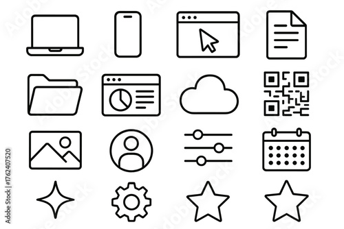Digital Epilogue outline icon set: laptop, smartphone, app window, cursor, document, folder, dashboard, cloud, QR code, gallery frame, profile icon, editing sliders, calendar,
